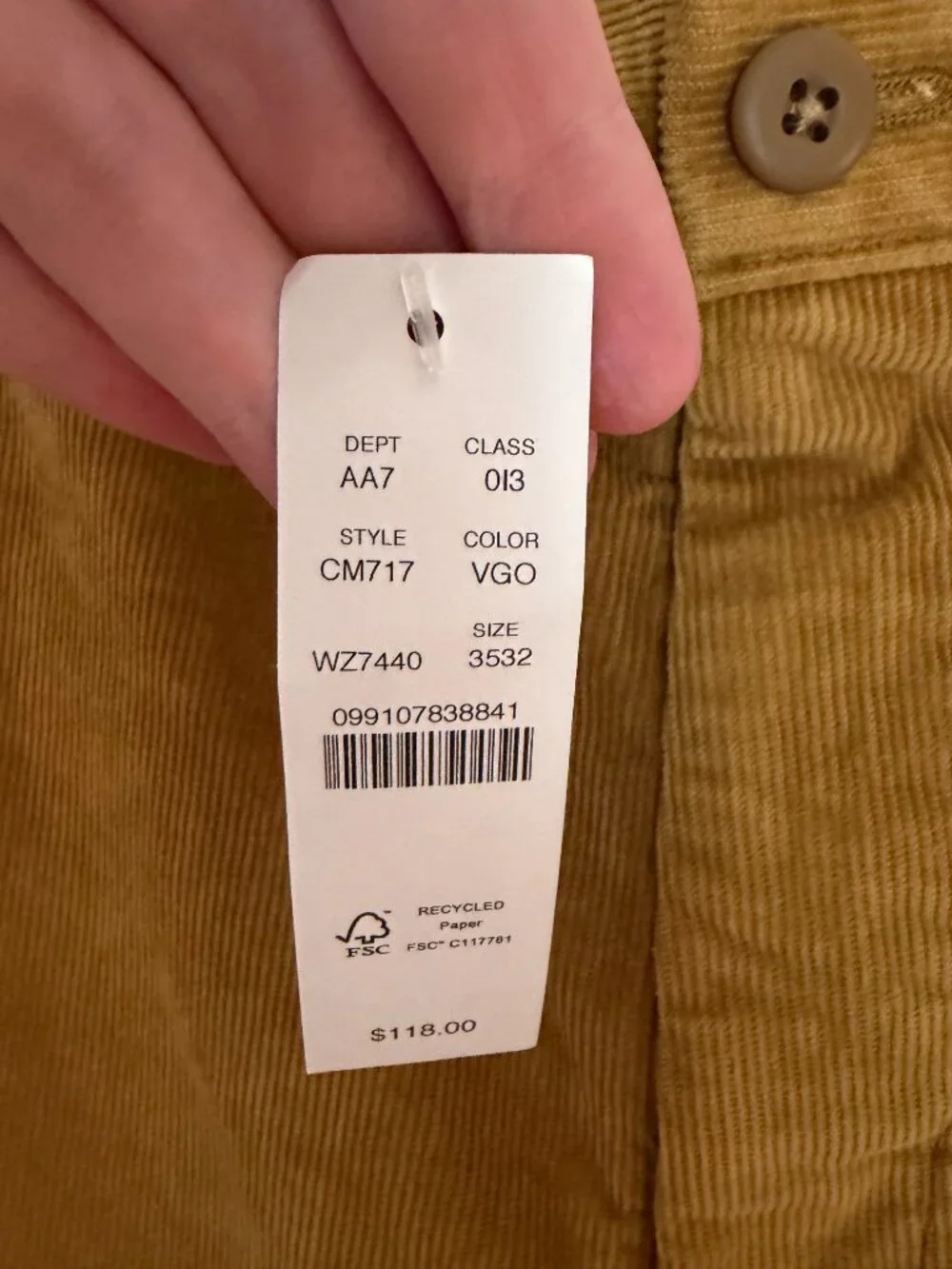 J.Crew | Mustard/Golden Brown Corduroy Broken-In Straight Cotton Pants 35x32 NWT